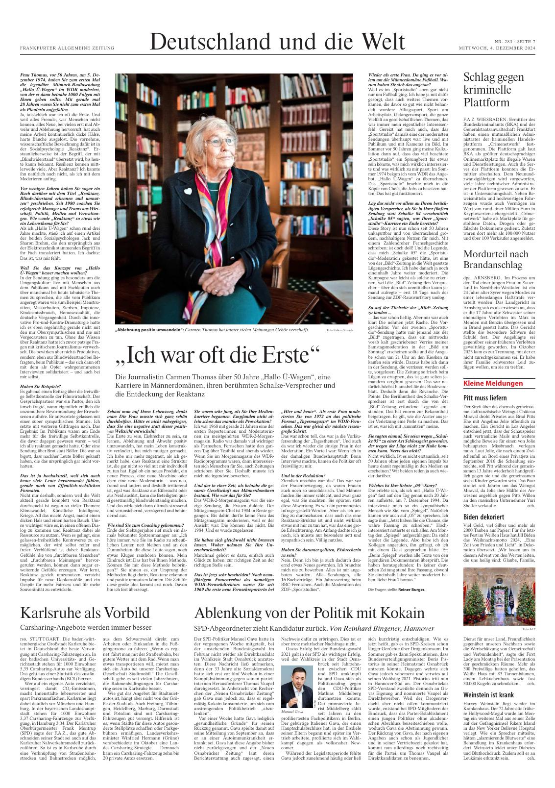 F.A.Z.-Artikel vom 04.12.2024 - Carmen Thomas "Ich war oft die Erste"